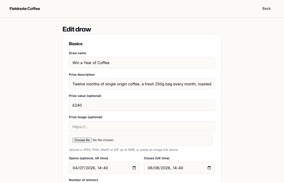 The draw builder: entry actions with value guidance, points and brand colour