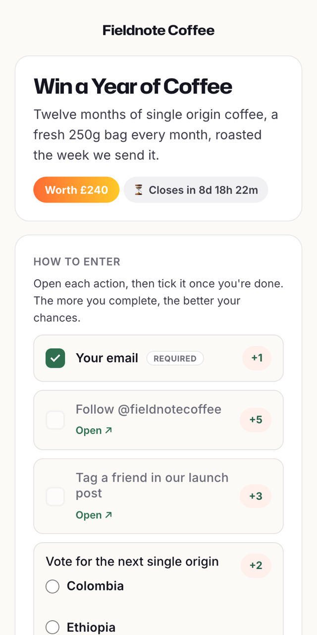 A live entry page on a phone: the prize, entry actions with points, and a live entry count
